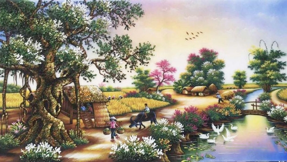 Chiêm ngưỡng tranh phong cảnh đồng lúa xanh mướt tuyệt đẹp