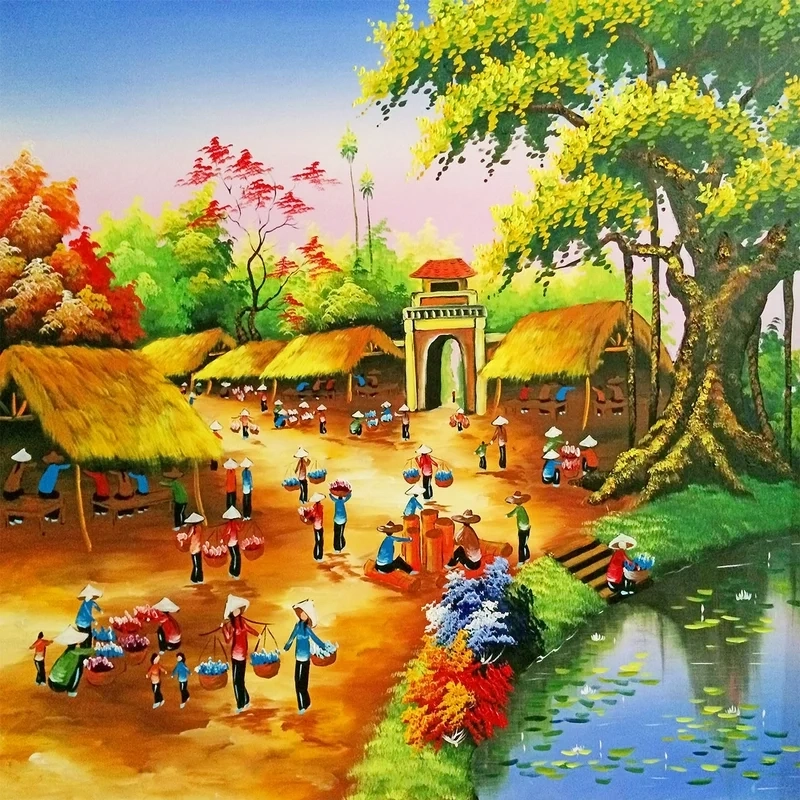 Tự tay vẽ tranh cảnh chợ quê tạo không gian làng quê