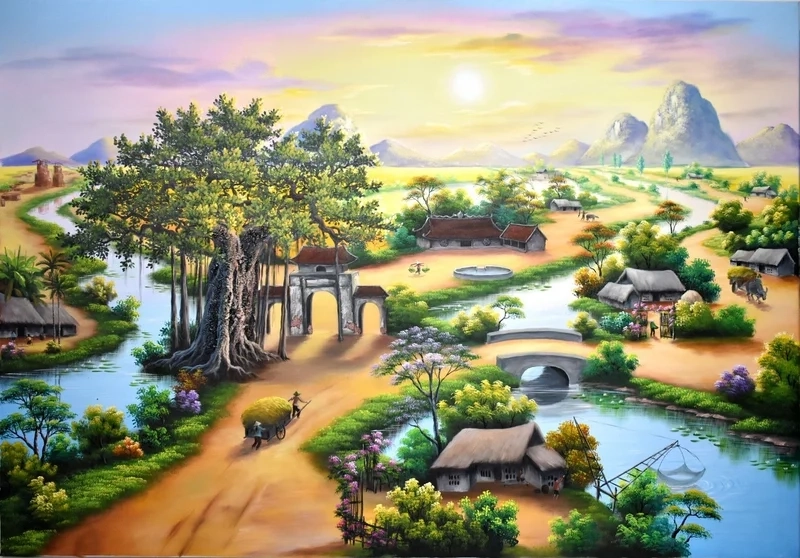 Thưởng thức tranh phong cảnh làng quê đơn giản dễ vẽ