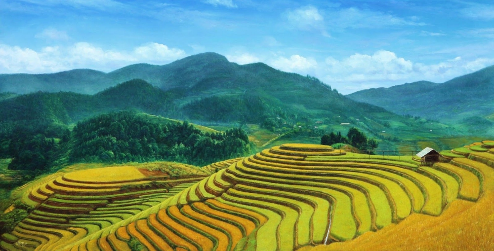 Tranh phong cảnh ruộng bậc thang đẹp mê hoặc mắt người xem