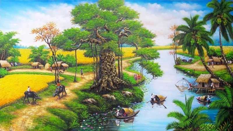 Thử tay vẽ tranh phong cảnh làng quê yên bình