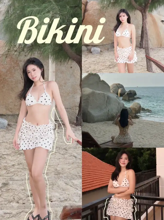 Ảnh ghép cô gái mặc bikini chấm bi trắng đen trên bãi biển và ban công
