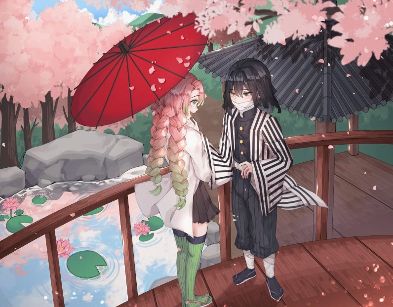 Ảnh mitsuri anime với mái tóc hồng bay trong gió