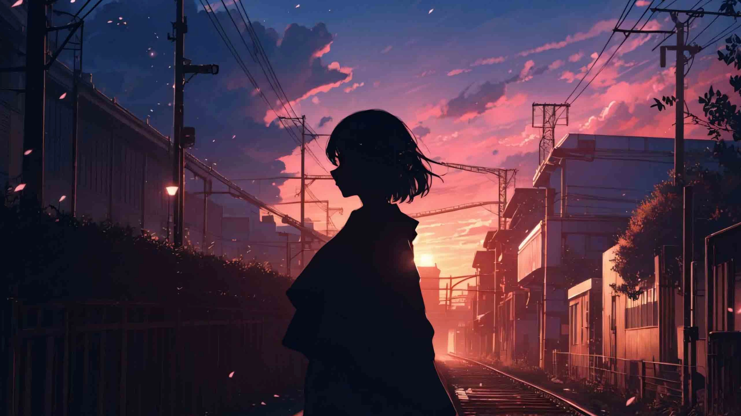 Ảnh phong cảnh anime thành phố buồn dưới ánh hoàng hôn