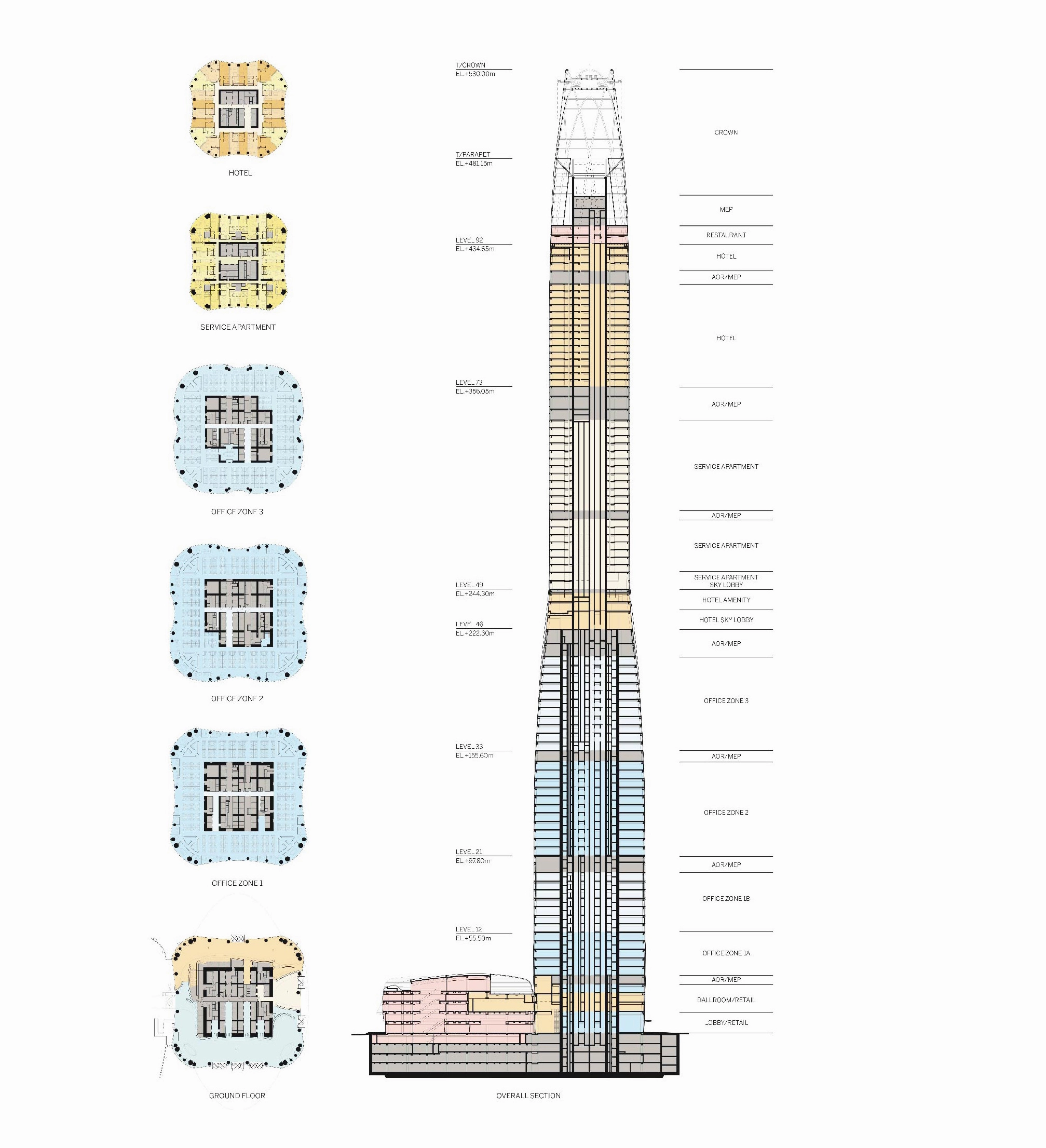 Bản vẽ mặt bằng sàn và mặt cắt dọc của tòa tháp Tianjin CTF Finance Centre