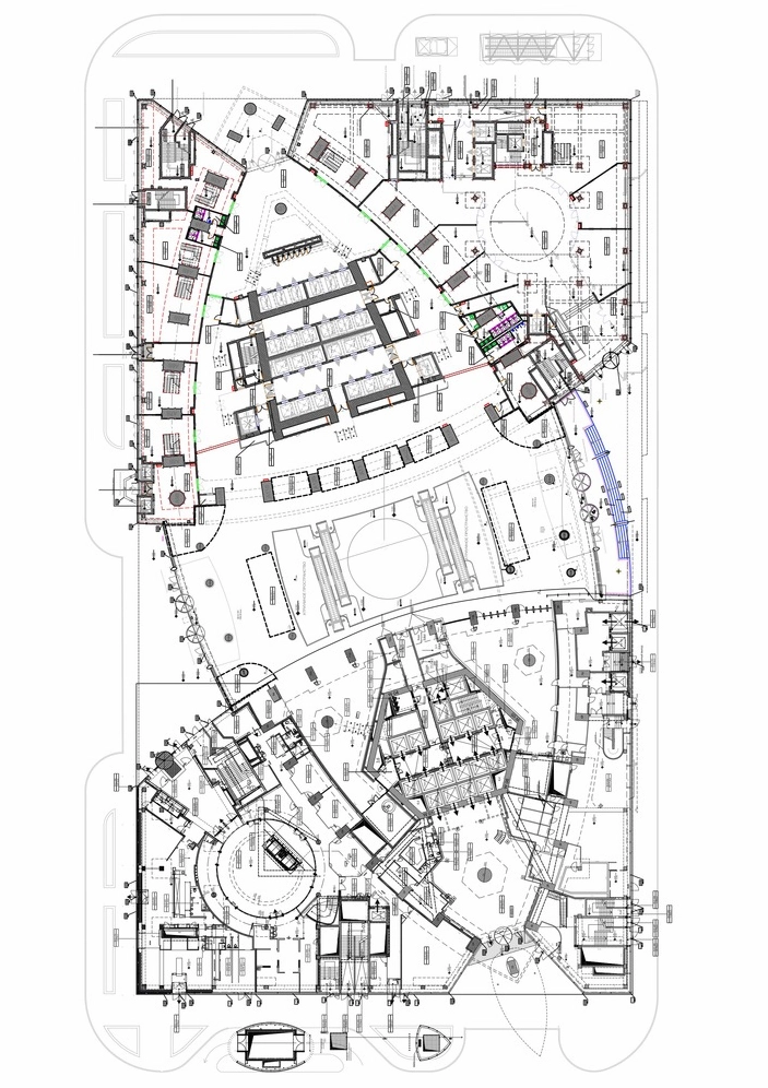 Bản vẽ mặt bằng tầng một của tháp liên bang với bố trí không gian phức tạp
