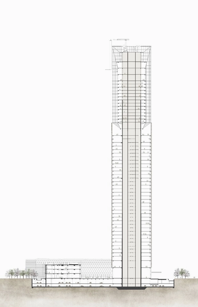 Bản vẽ mặt cắt cho thấy cấu trúc phức tạp bên trong tháp Zifeng Tower