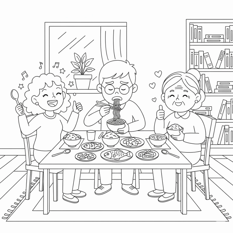 Bé tập tô màu bữa cơm gia đình hạnh phúc rèn luyện sự khéo léo