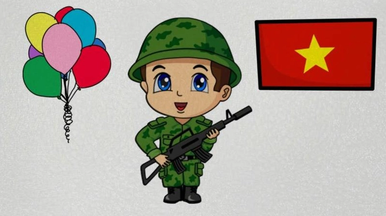 Bé trai tí hon trong trang phục lính giữ lá cờ và ngôi sao vàng.