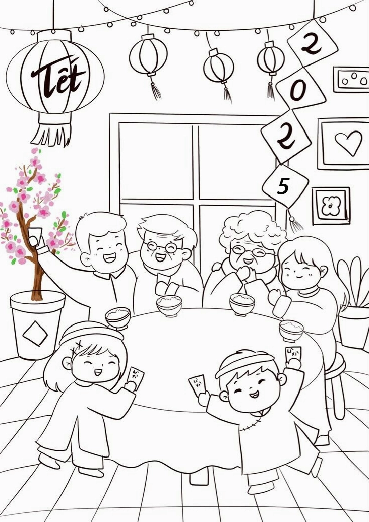 Bộ tranh tô màu gia đình ngày Tết ý nghĩa cho bé 1