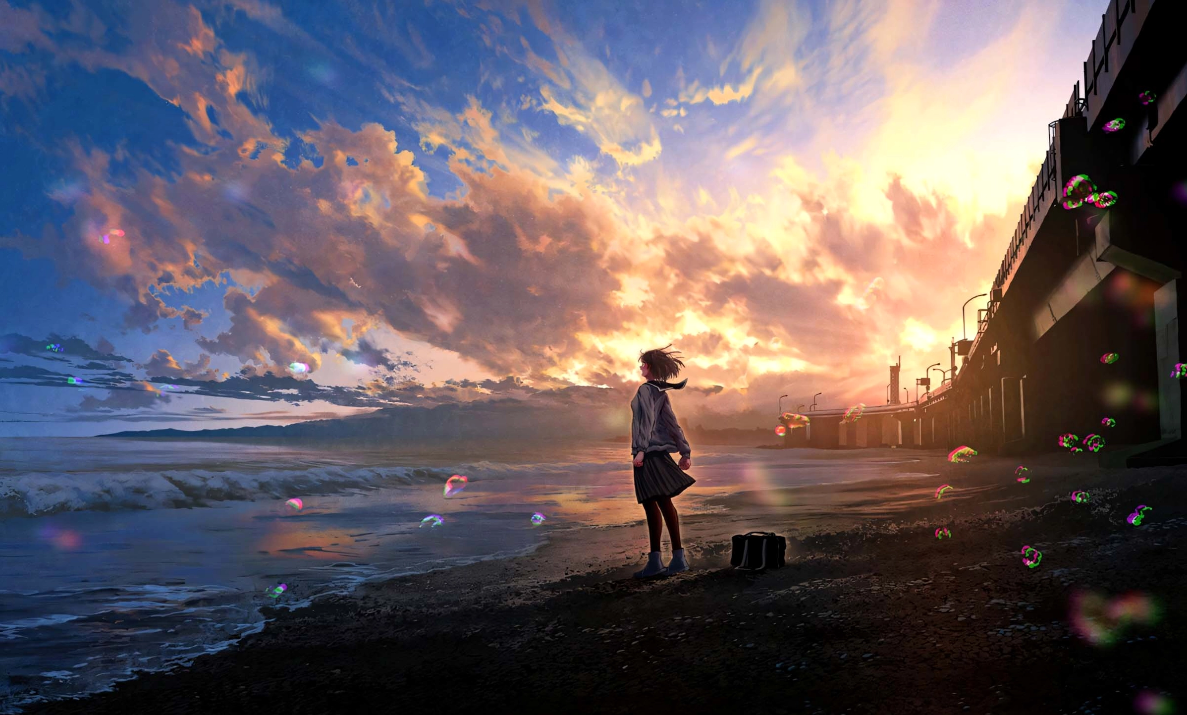 Bức ảnh biển đêm buồn bã trong phong cách anime 3D