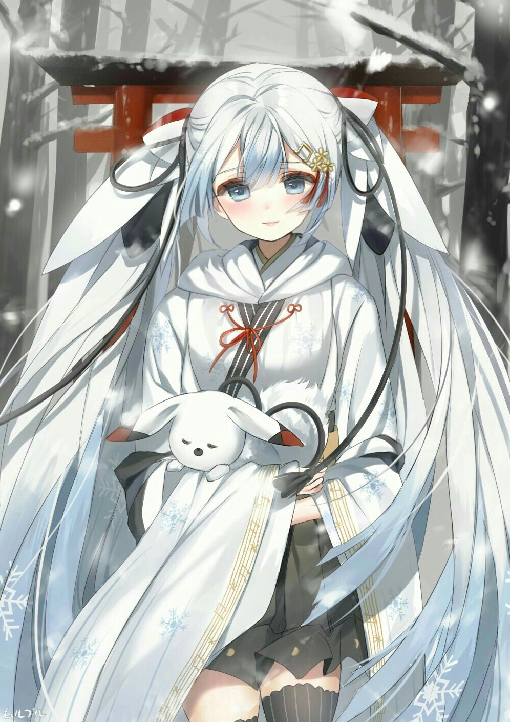 Bức họa cô gái anime tóc trắng duyên dáng trong bộ trang phục lộng lẫy