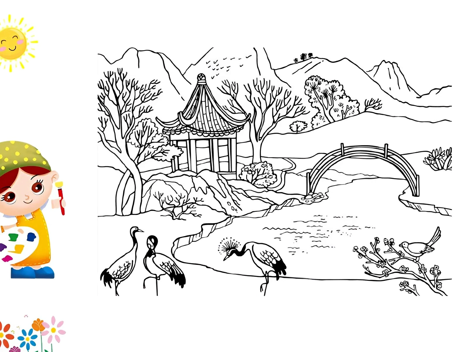 Bức tranh tô màu phong cảnh tràn ngập sắc xanh của cỏ cây