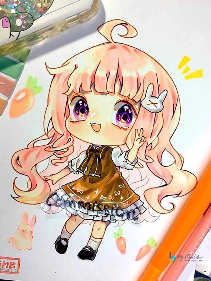 Bức tranh vẽ anime chibi hoàn chỉnh với những nét phác thảo cơ bản