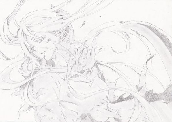 Bức vẽ phác thảo nhân vật nữ manga tóc dài trắng trong bộ quần áo rách nát