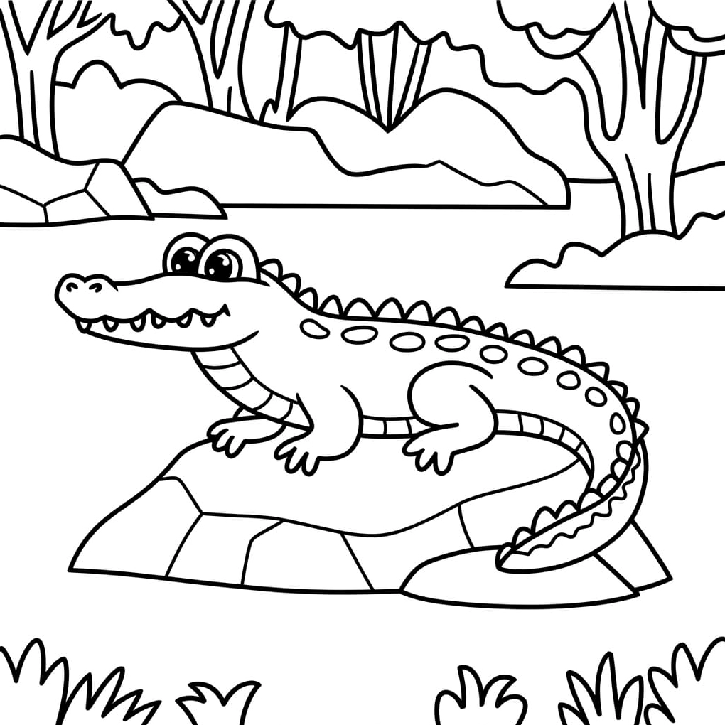 Cá sấu dễ thương tô màu đang nằm trên tảng đá