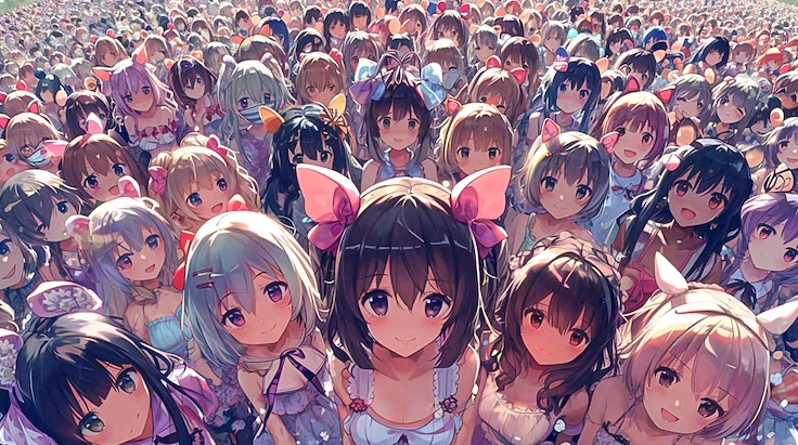 Các nhân vật anime đang đứng giữa một đám đông lớn