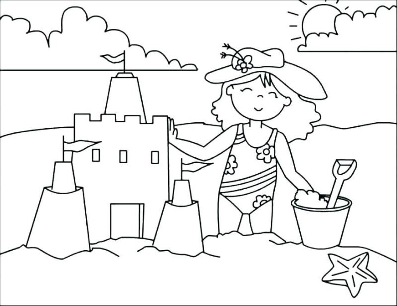 Cảnh biển mùa hè tô màu miêu tả hoạt động xây lâu đài cát trên biển