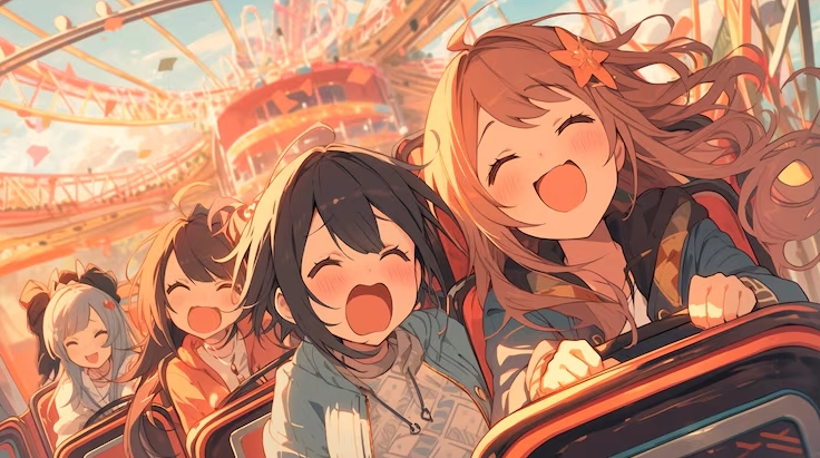 Cảnh các cô gái anime đang vui đùa cùng nhau