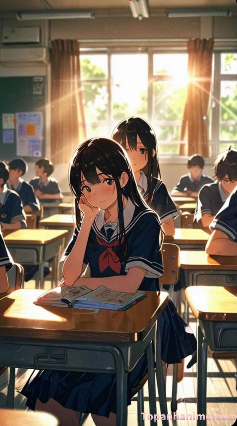 Cảnh học sinh anime đang ghi chép bài vở chăm chỉ