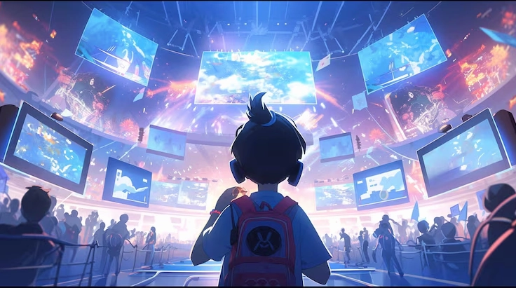 Cảnh phong cách anime cậu bé xem trò chơi điện tử