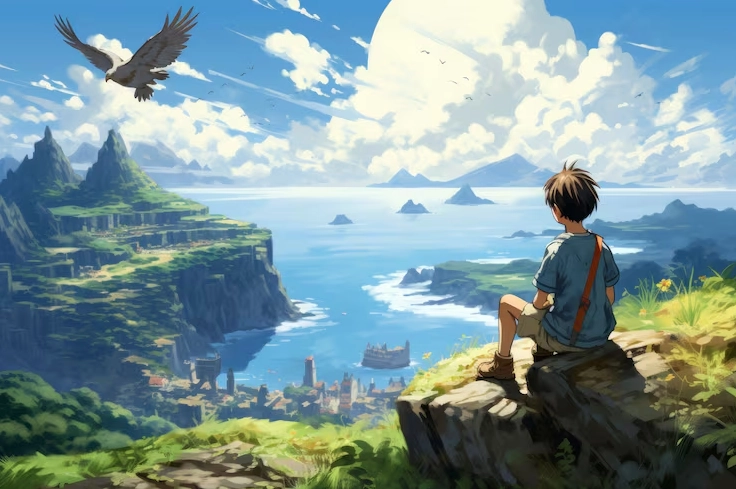 Cảnh phong cách giả tưởng với phong cảnh núi non