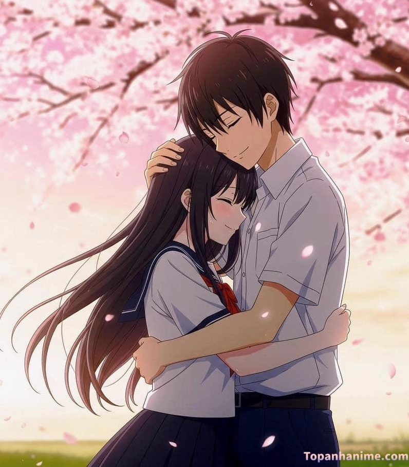 Cặp đôi anime trao nhau ánh nhìn ngượng ngùng nơi góc sân trường