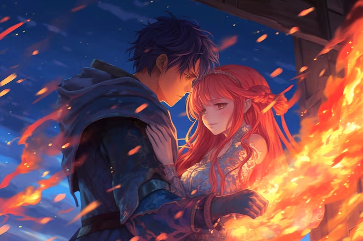 Cặp đôi nhân vật phong cách anime đắm chìm trong biển lửa