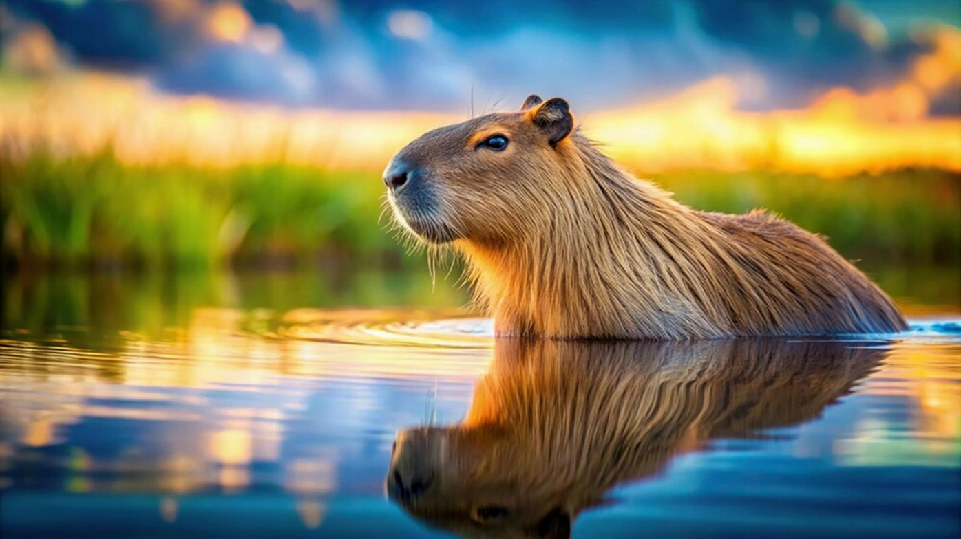 Capybara đang ngâm mình trong hồ nước ngắm nhìn ánh hoàng hôn rực rỡ