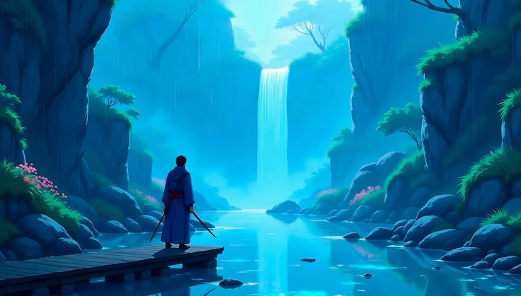 Chiến binh chiêm ngưỡng thác nước trong phong cảnh thanh bình