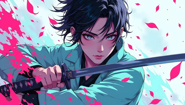 Chiến binh samurai anime cầm kiếm katana dưới cơn mưa cánh hoa hồng