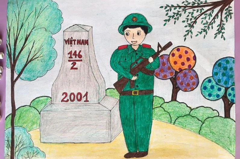 Chú bộ đội đứng gác bên cột mốc biên giới biểu tượng của trách nhiệm và sự tận tụy.