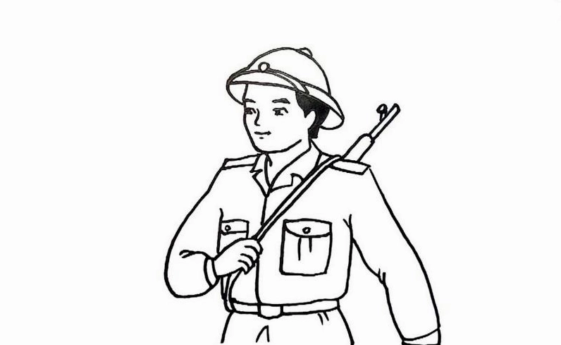 Chú bộ đội kiên cường với chiếc mũ cối và khẩu súng trên vai.