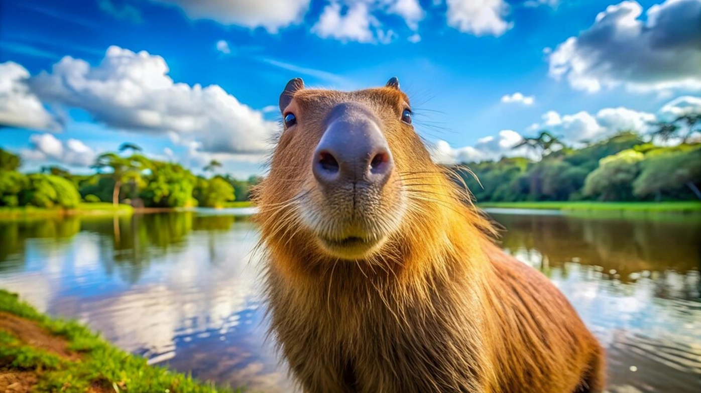 Chú capybara đang lại gần tạo dáng chụp ảnh với khuôn mặt dễ thương cùng chiếc mũi to tròn đáng yêu