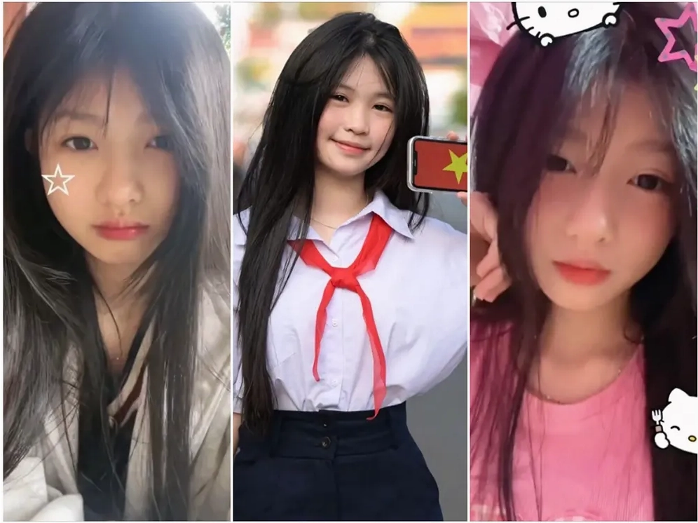 Cô bé học sinh chụp ảnh tạo dáng che mặt vô cùng dễ thương