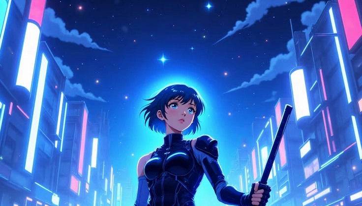 Cô gái anime cyberpunk với thanh kiếm trong đêm