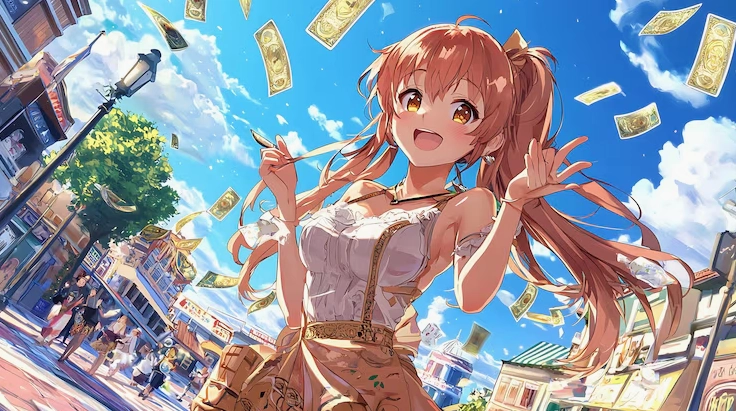 Cô gái anime đang tung tiền lên bầu trời