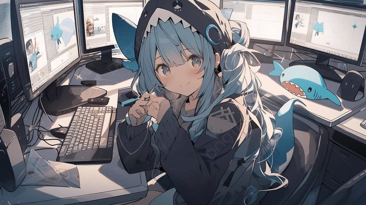 Cô gái anime ngồi làm việc trước dàn máy tính hiện đại