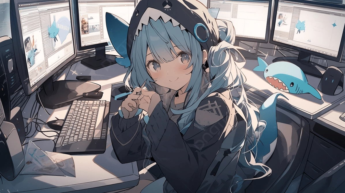 Cô gái anime ngồi trước 3 màn hình máy tính bức tranh đẹp nhất