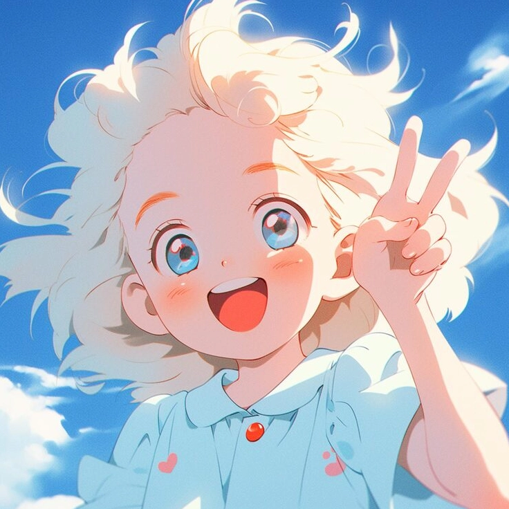 Cô gái anime tóc vàng mắt xanh đang tạo dáng chữ V