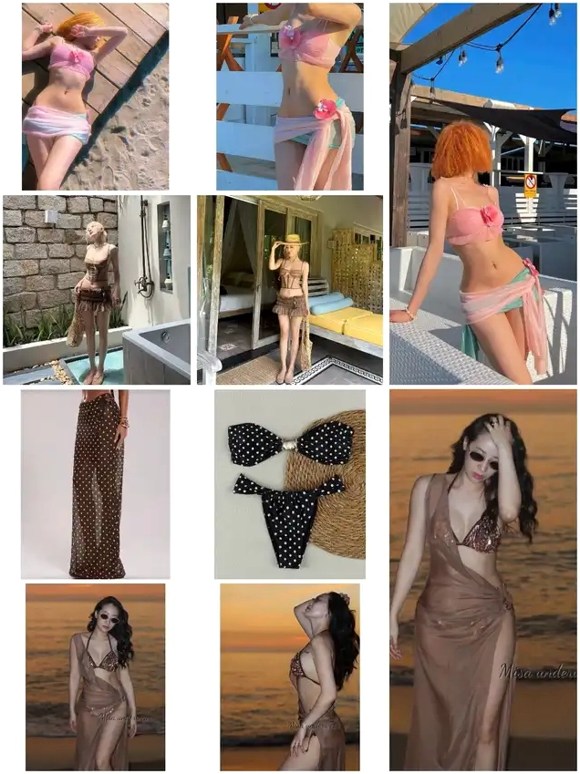 Cô gái tóc cam nằm thư giãn trên sàn gỗ mặc bikini hồng có hoa