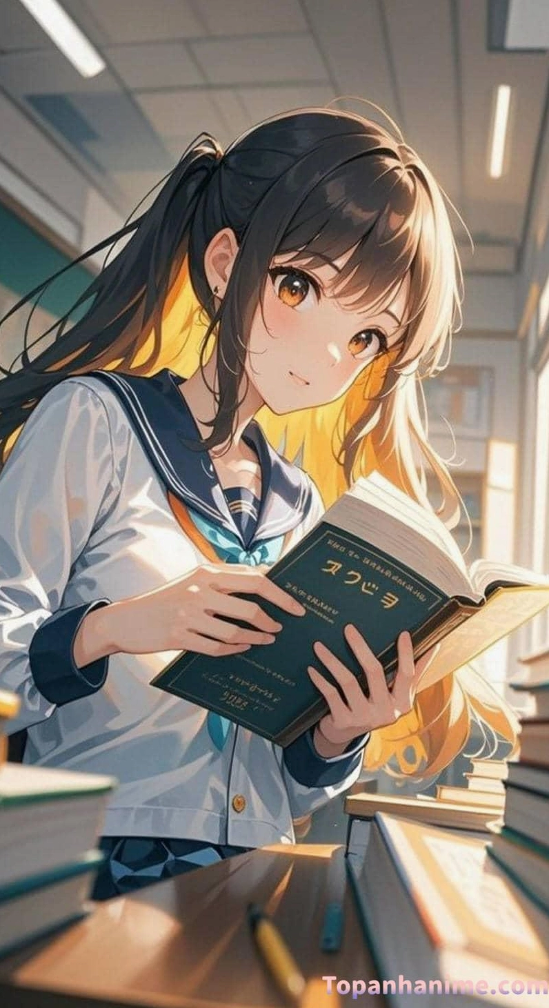 Cô nàng anime thắt lại chiếc nơ trên áo đồng phục thật cẩn thận