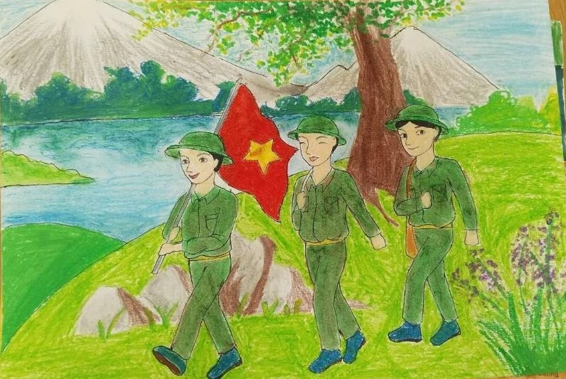 Đoàn quân hành quân trên đường mang theo tinh thần quyết chiến.