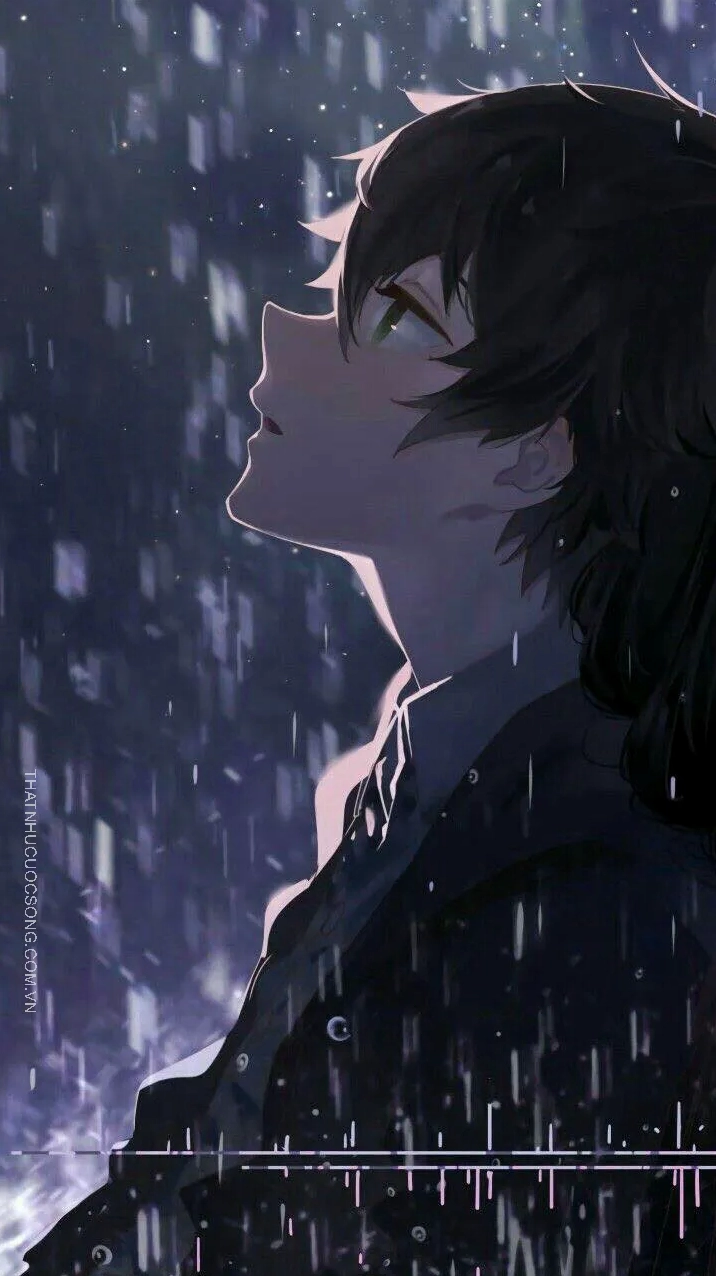 Hình ảnh anime nam đứng dưới mưa buồn