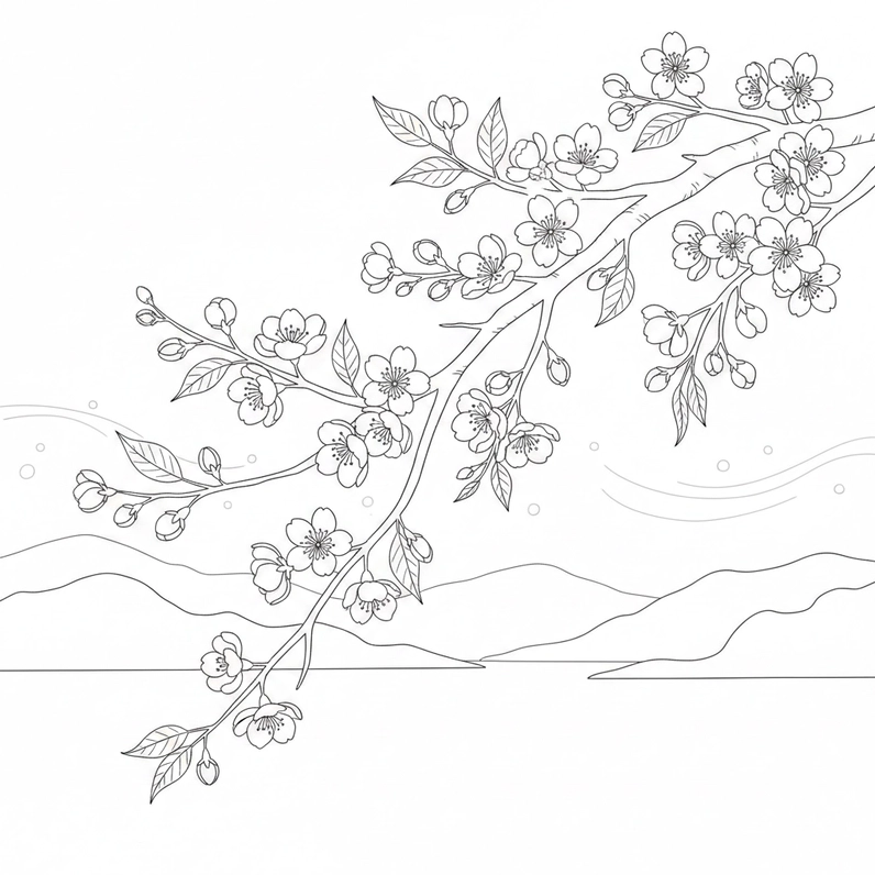 Hình ảnh hoa đào quen thuộc trong tranh tô màu ngày tết