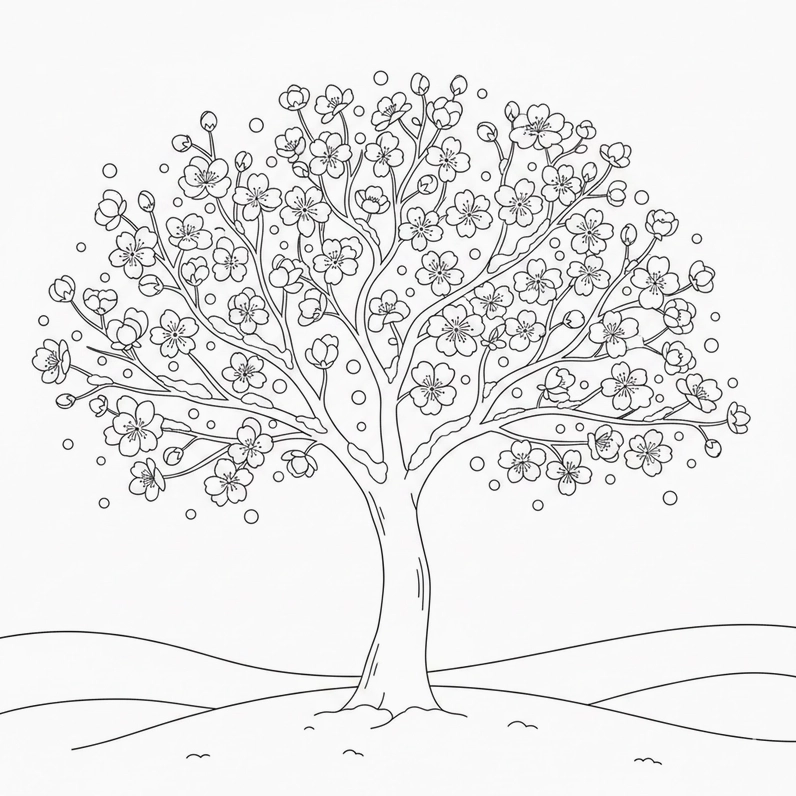 Hình ảnh hoa đào trong bộ tranh tô màu chủ đề thiên nhiên