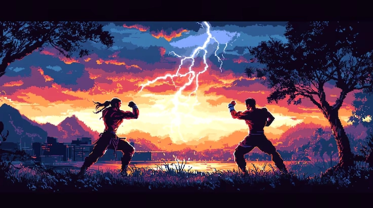 Hình ảnh nghệ thuật pixel cảnh chiến đấu anime