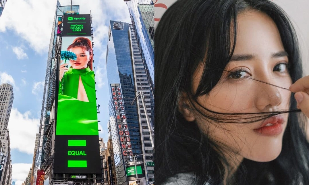 Hình ảnh Phùng Khánh Linh xuất hiện đầy tự hào trên biển quảng cáo tại quảng trường Thời Đại New York
