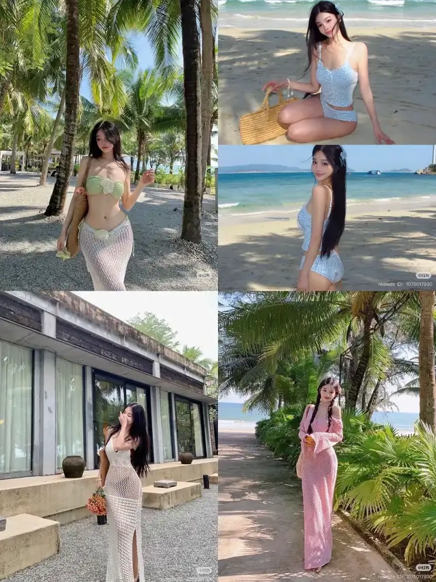 Hình ảnh tổng hợp cô gái tạo dáng trong các bộ bikini chấm bi và váy lưới trắng