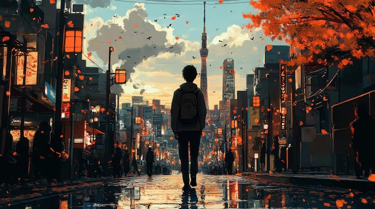 Hình minh họa thành phố anime rực rỡ